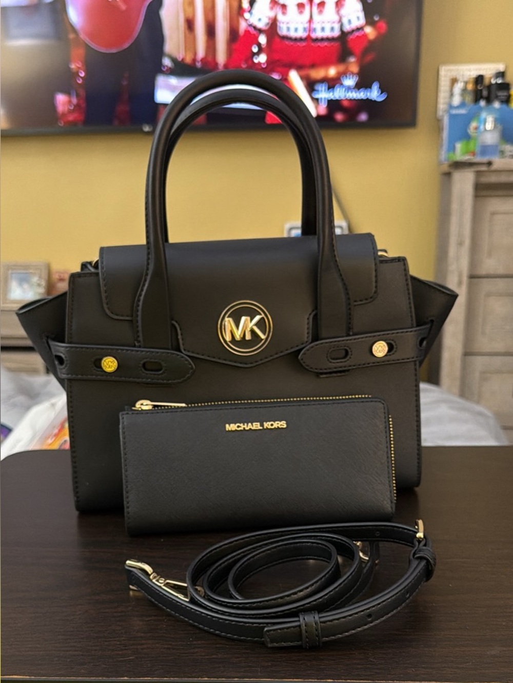 Michael Kors Black Leather Satchel with Gold Hardware and Wallet
